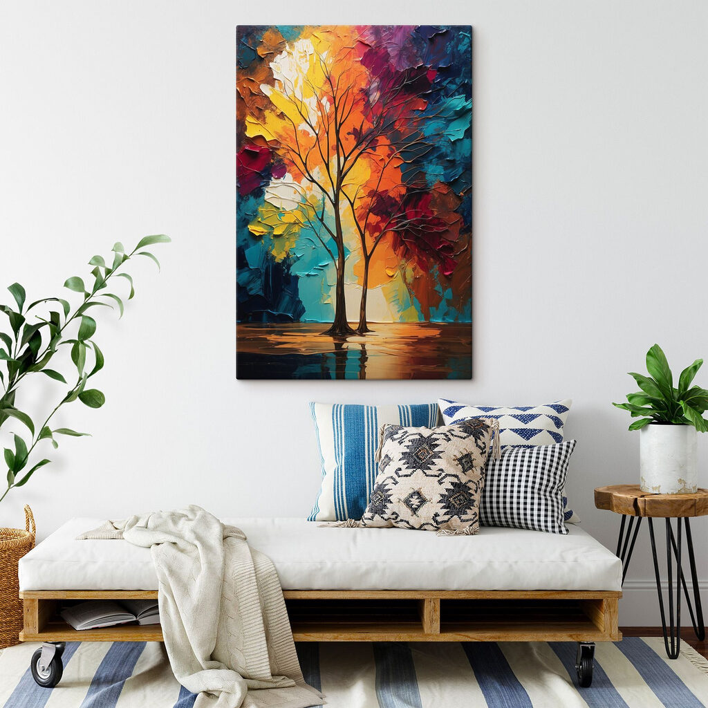 Painting of trees with colorful leaves
