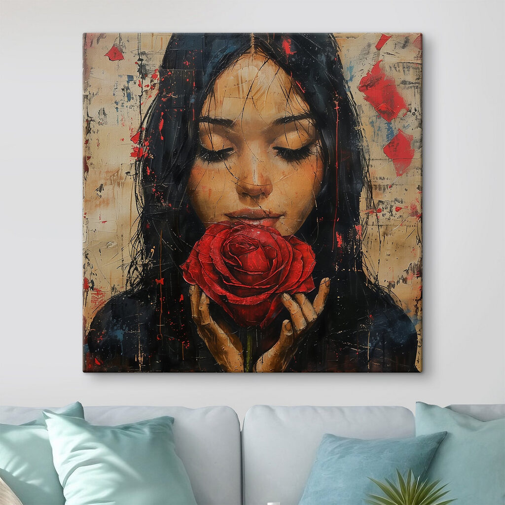 Painting of a woman holding a red rose