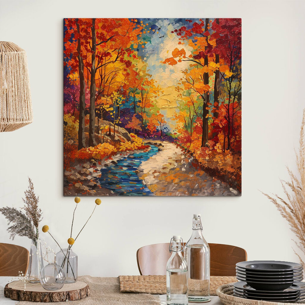 Painting of a river running through a forest