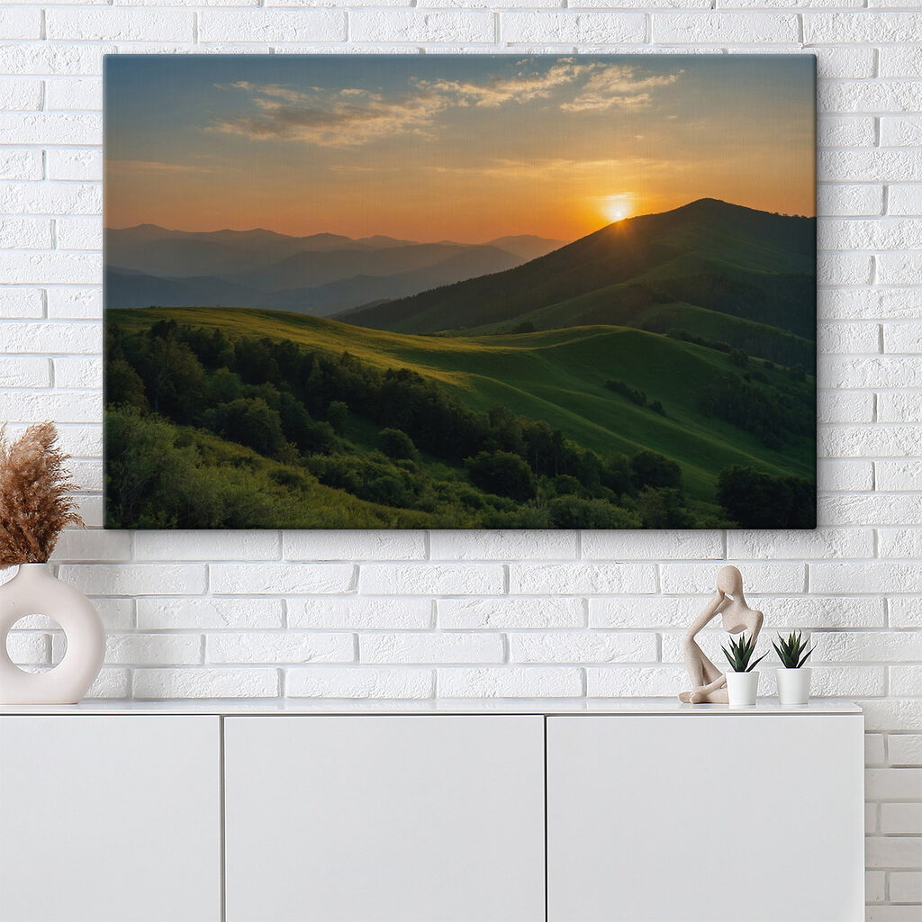 Sunset over a green hill