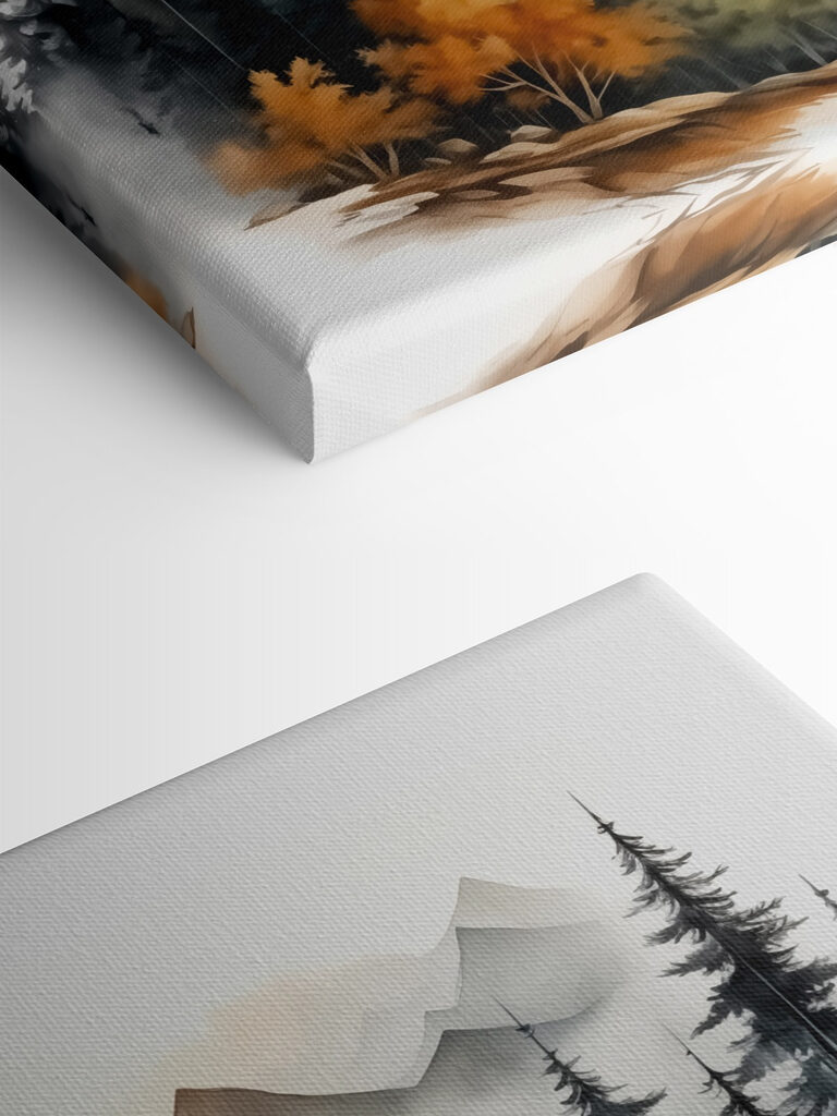 Painting of a forest and mountains