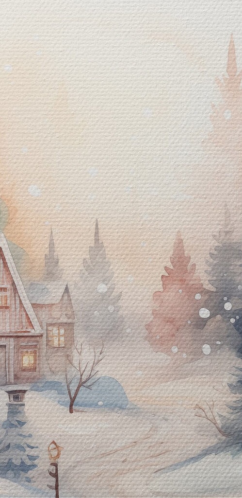 Watercolor painting of houses in a snowy forest