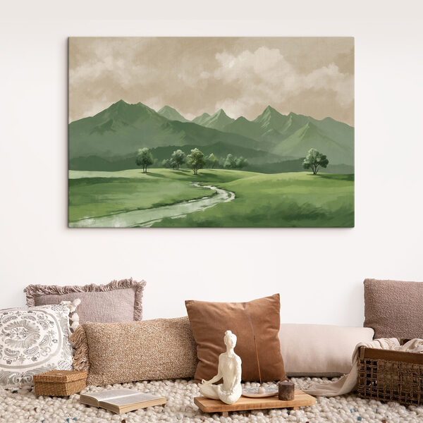 River running through a valley with trees and mountains River running through a valley with trees and mountains