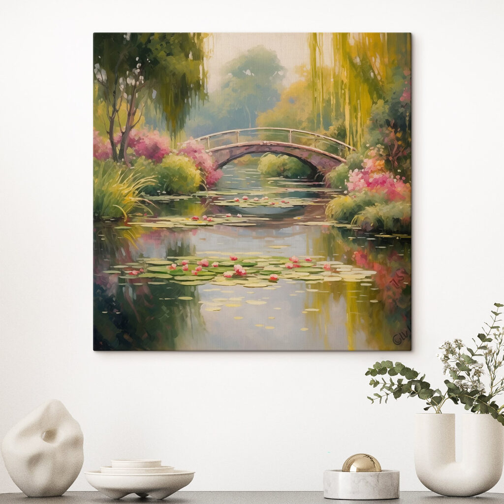 Bridge over a pond with lily pads and flowers Bridge over a pond with lily pads and flowers