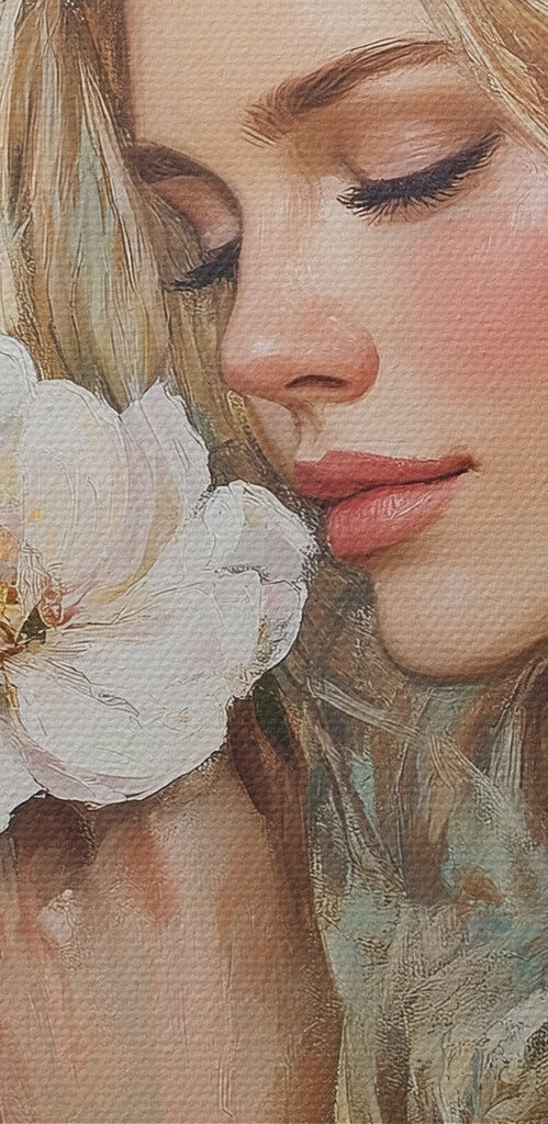 Painting of a woman smelling flowers Painting of a woman smelling flowers
