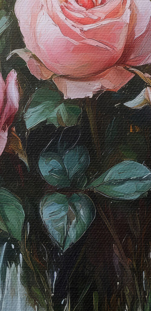 Painting of pink roses in a vase