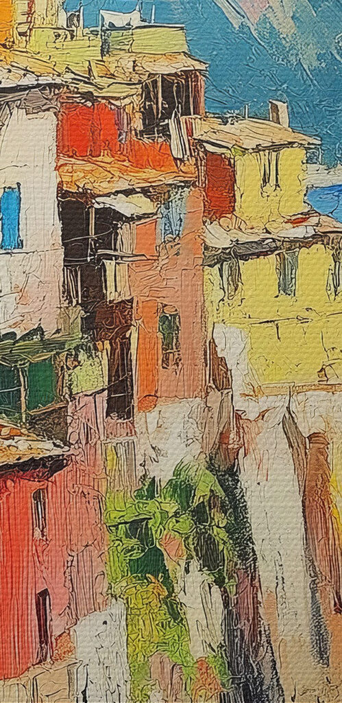 Painting of a colorful town on a cliff by the water Painting of a colorful town on a cliff by the water