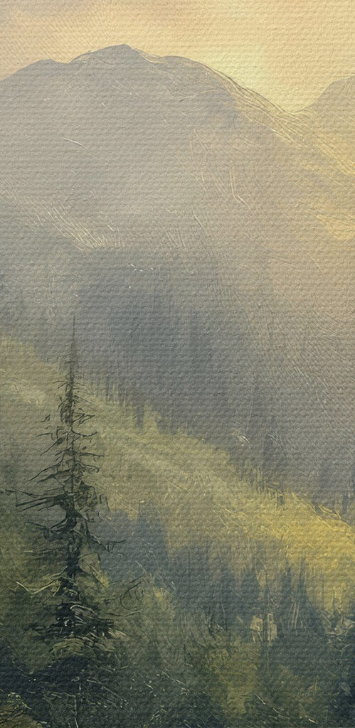 Painting of a forest with mountains and trees