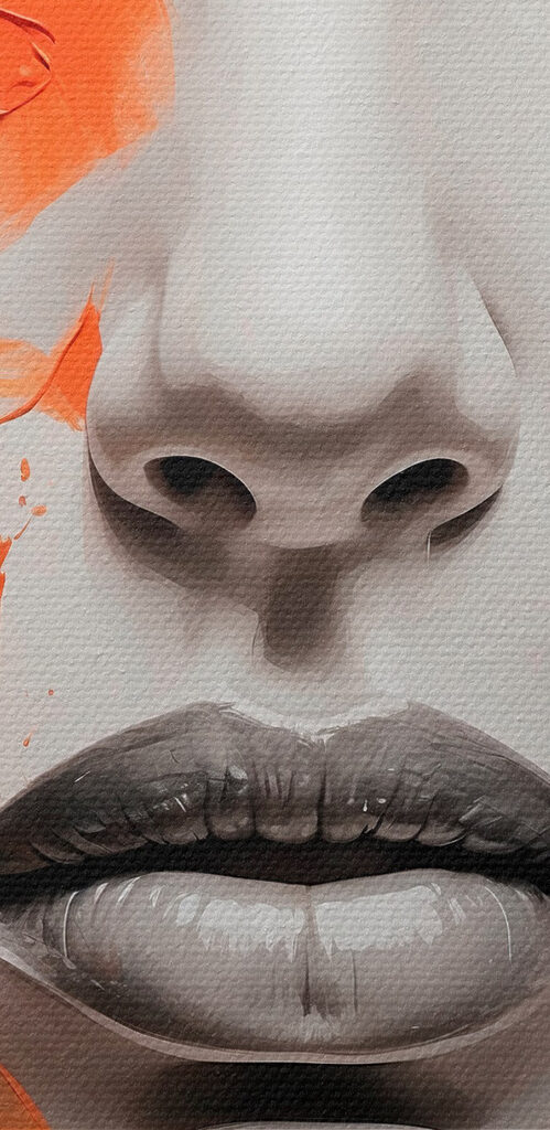 Painting of a woman with orange paint on her face Painting of a woman with orange paint on her face