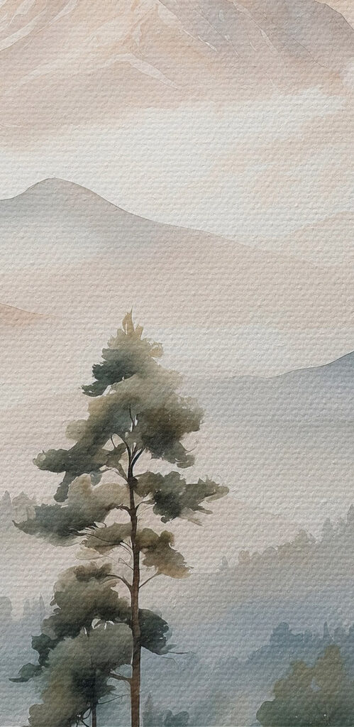 Watercolor painting of trees and mountains
