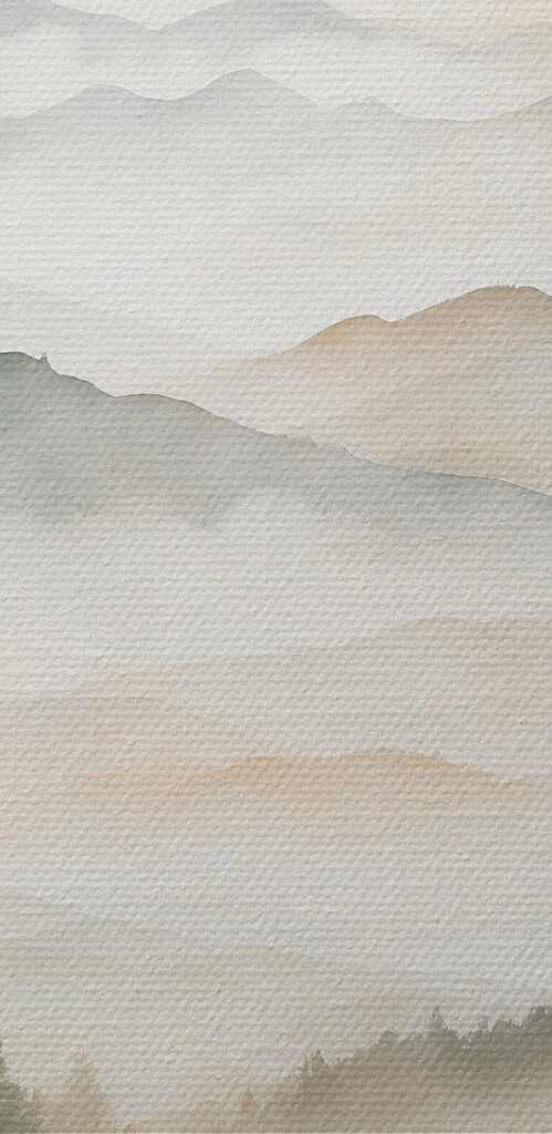 Watercolor painting of mountains and trees