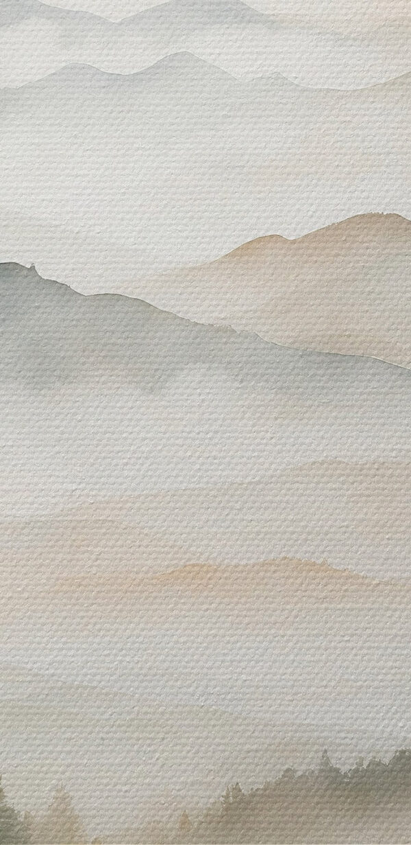 Watercolor painting of mountains and trees
