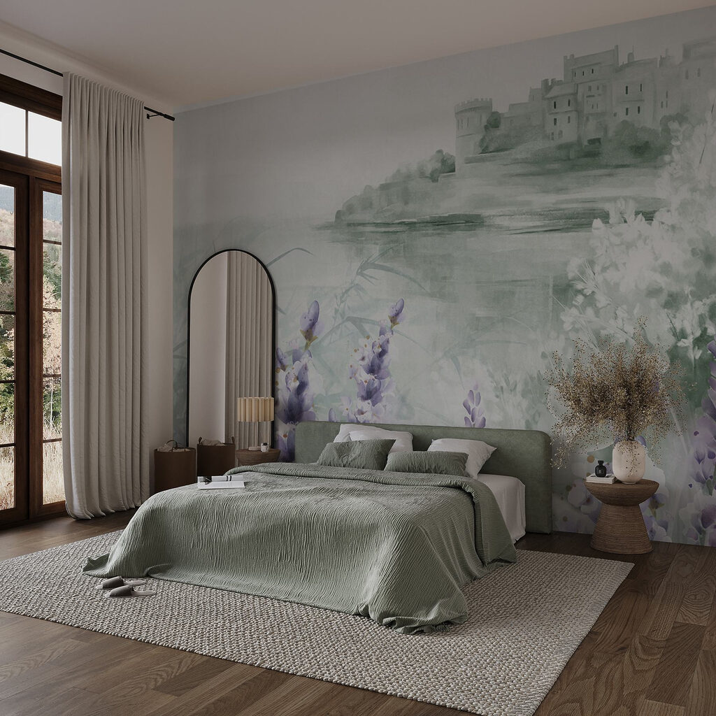 Watercolor painting of a castle and flowers