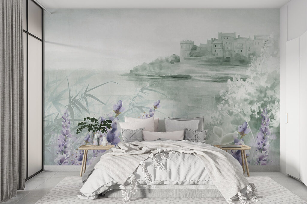 Watercolor painting of a castle and flowers