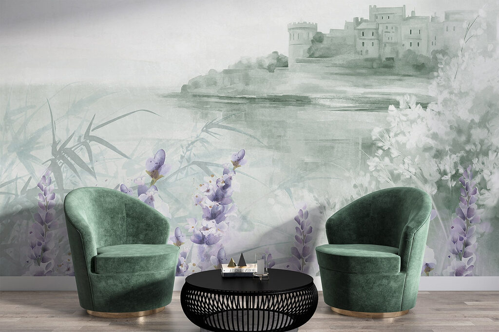 Watercolor painting of a castle and flowers