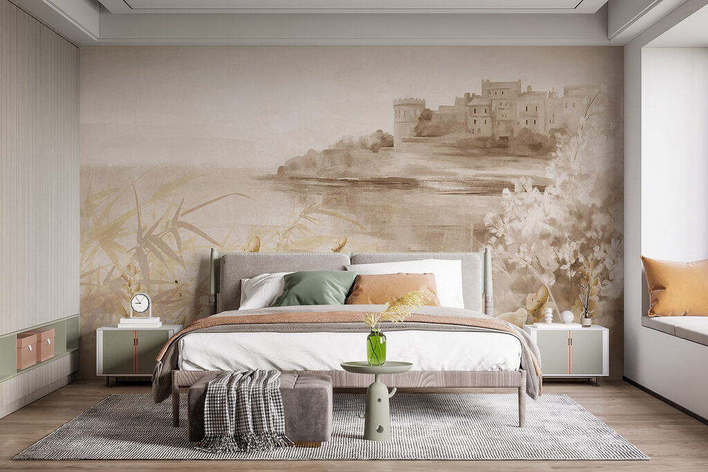 Painting of a castle and a lake