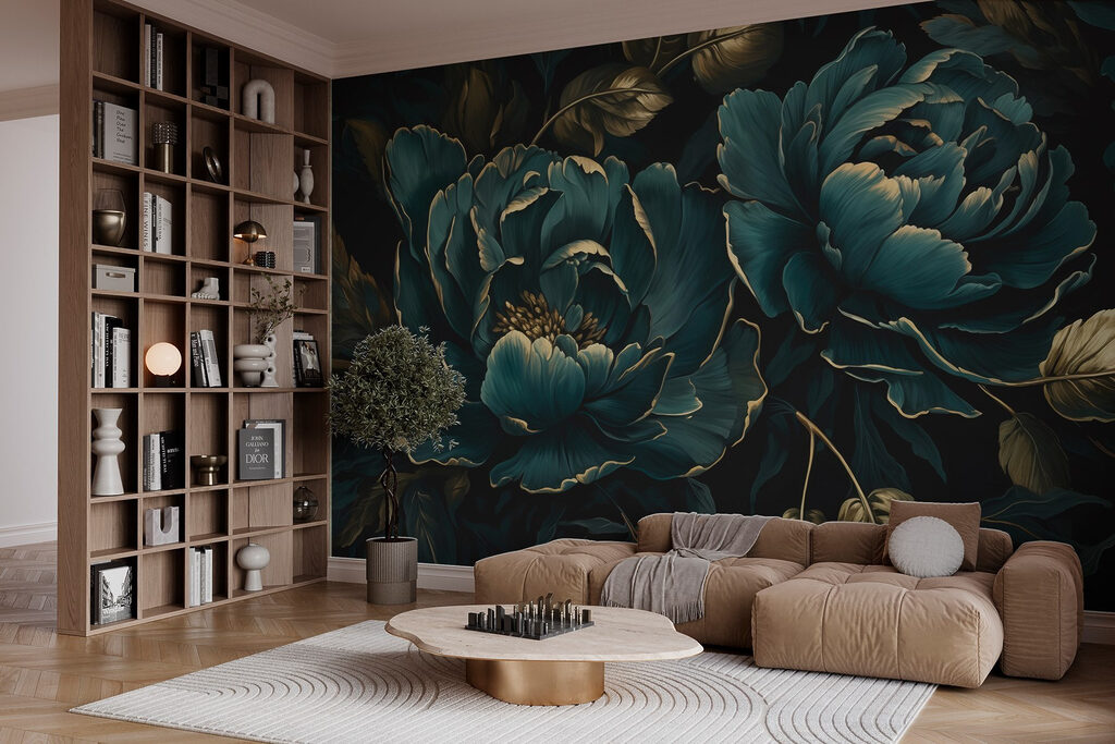 Textured blue peonies on dark background