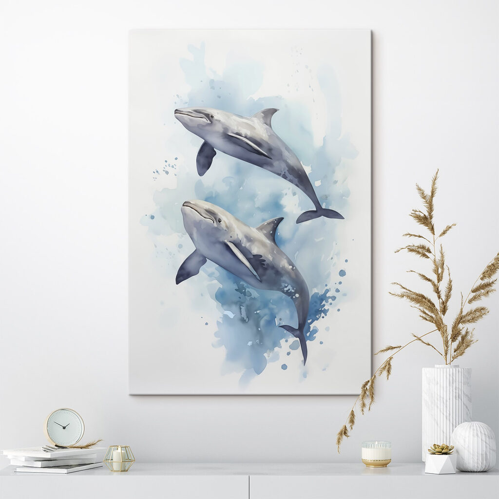 Two dolphins swimming in the water