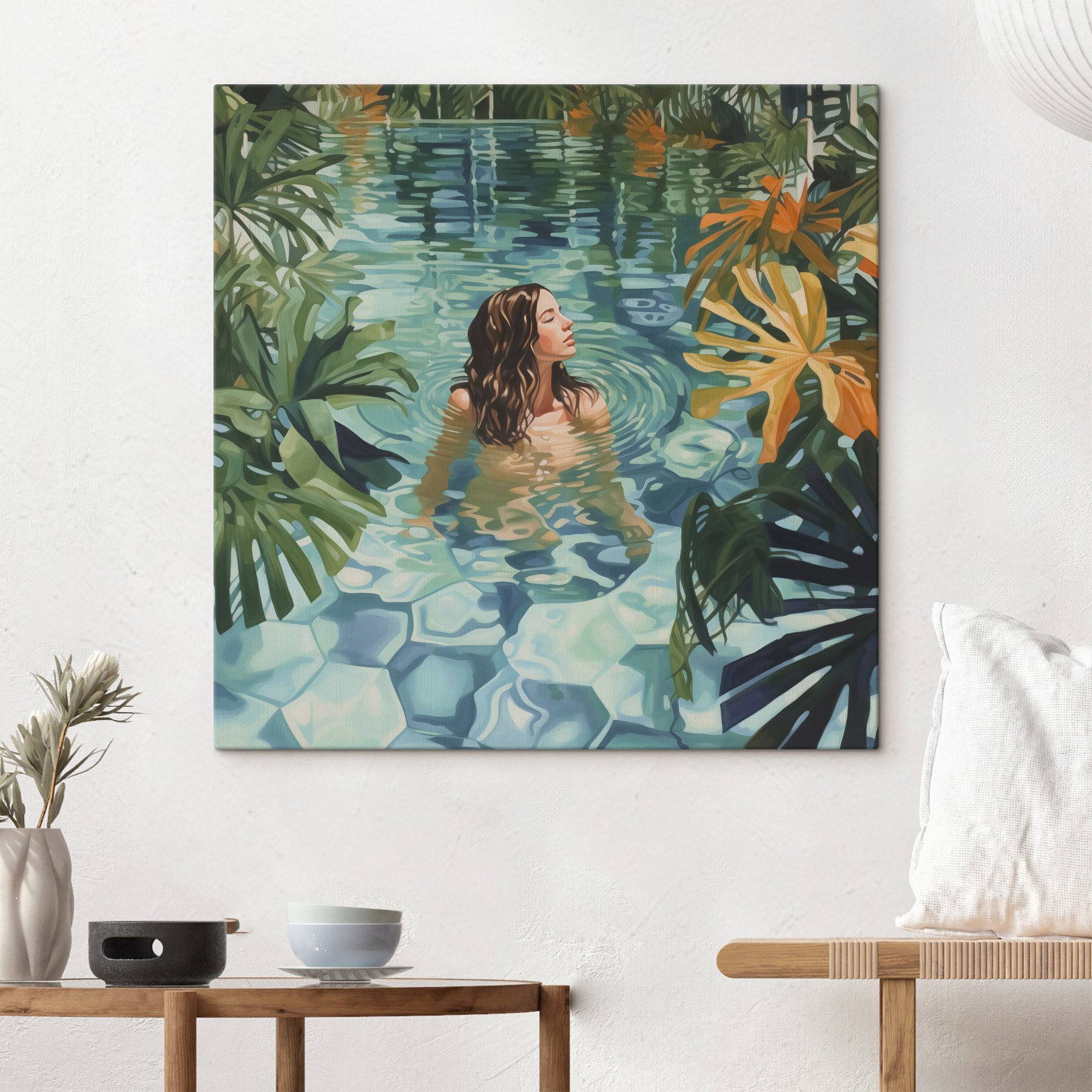 Woman in a pool surrounded by plants