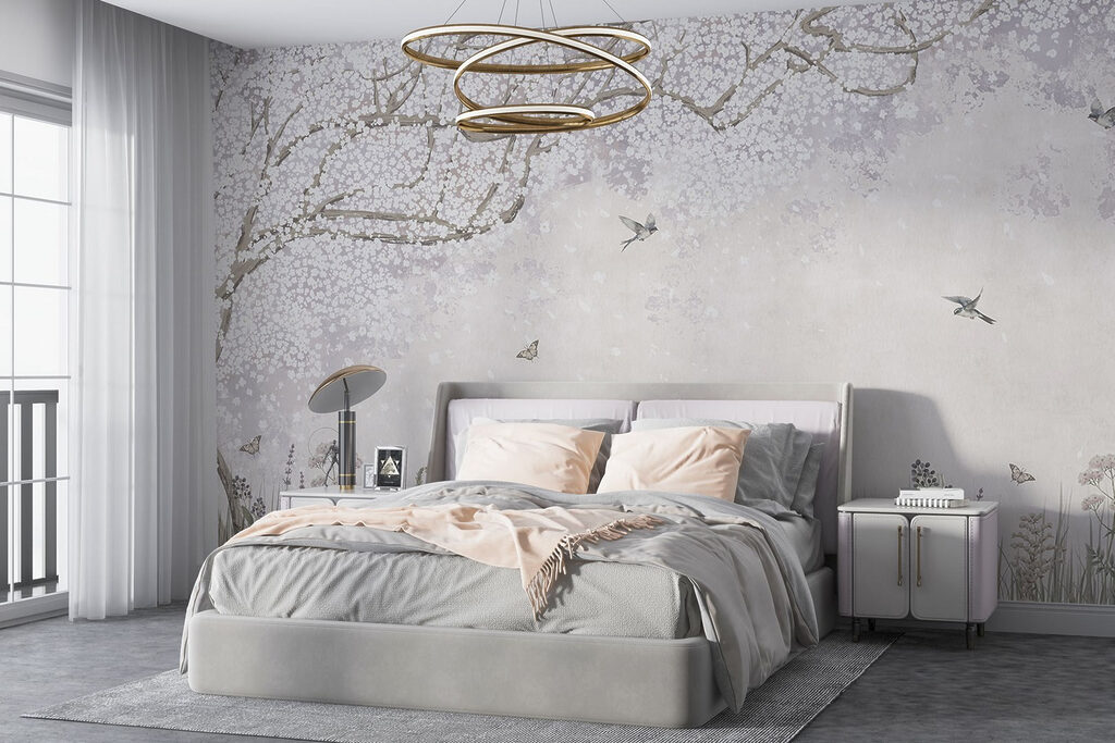 Painting of a garden with flowers and butterflies