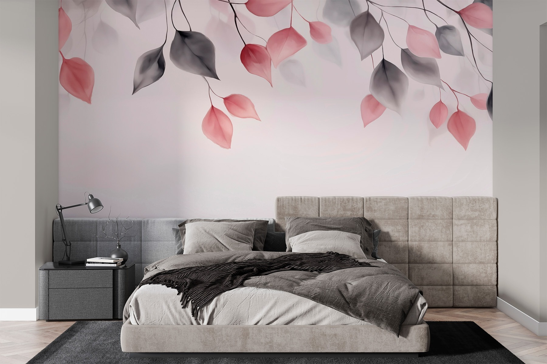 Pink and grey leaves on branches