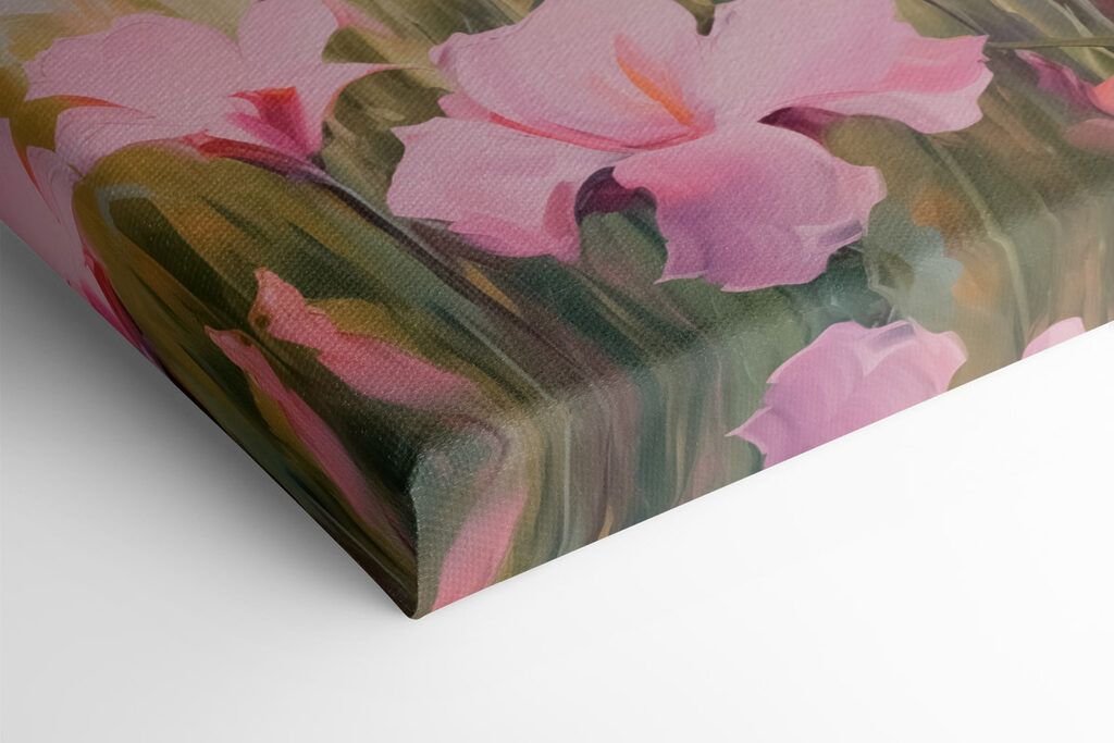 Painting of pink flowers in a field