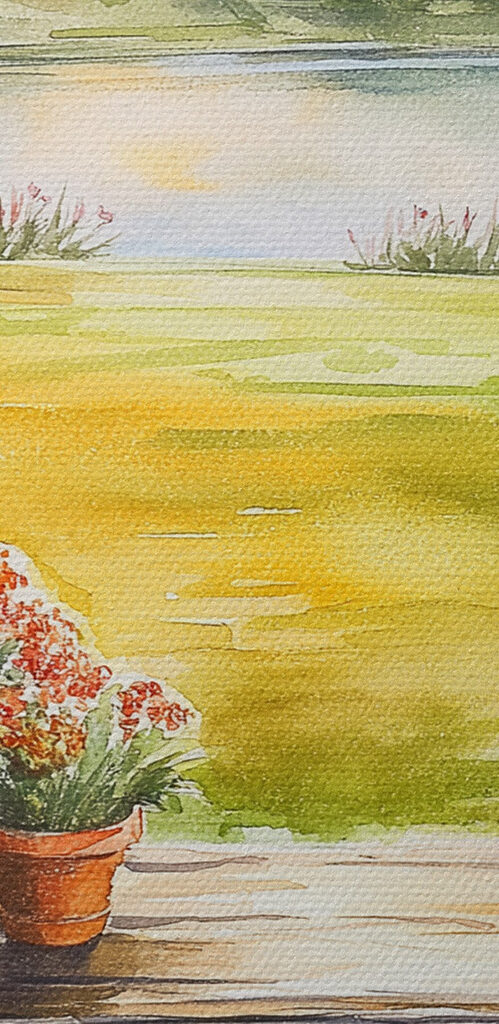 Watercolor painting of a table with potted plants on it