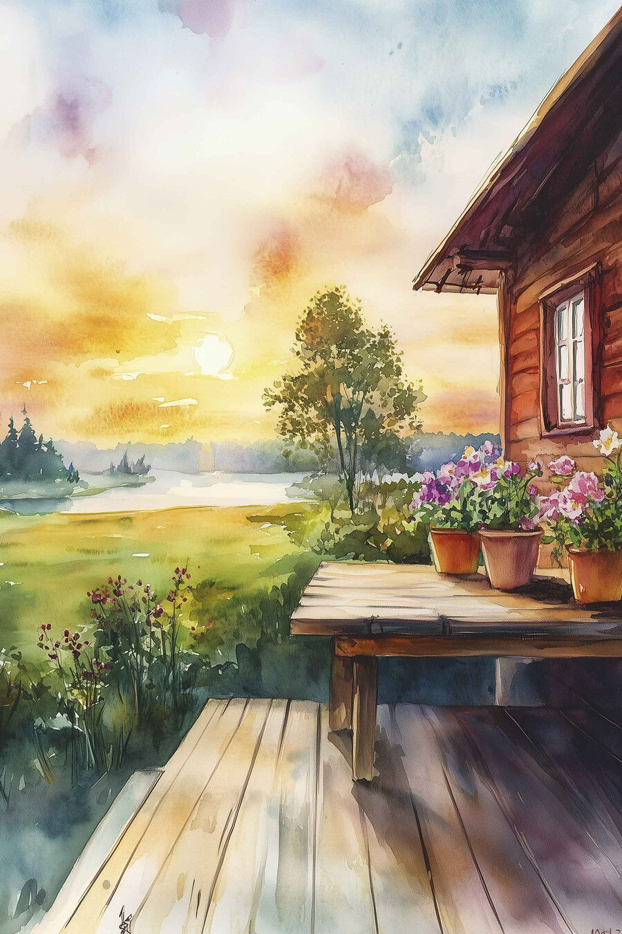 Akvarell festmény egy ház virágokkal egy asztalon