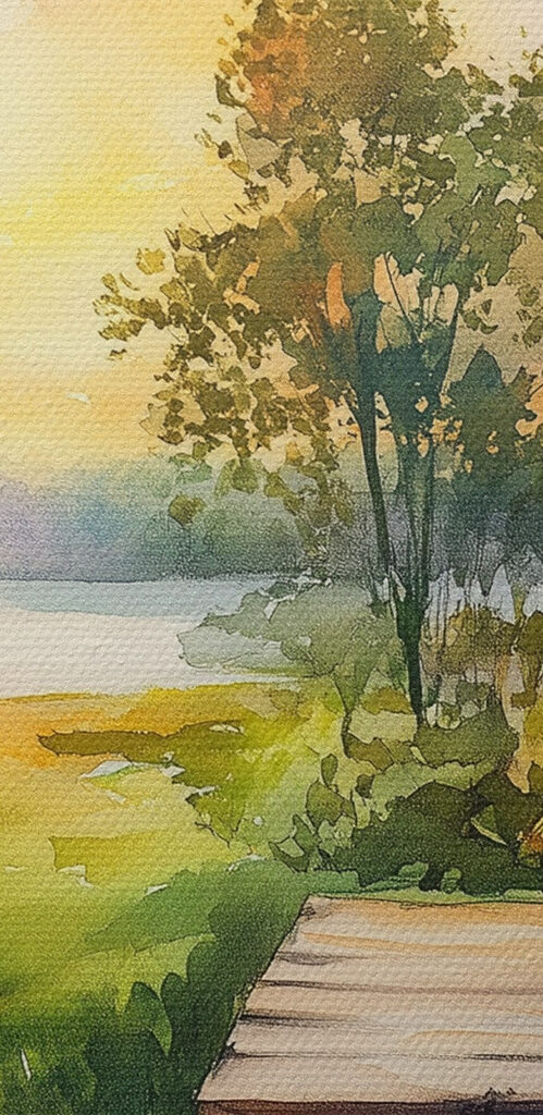 Watercolor painting of a house with flowers on a table