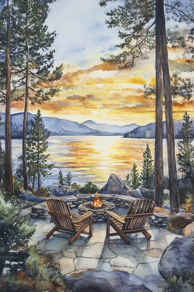 Watercolor painting of chairs around a fire pit overlooking a lake