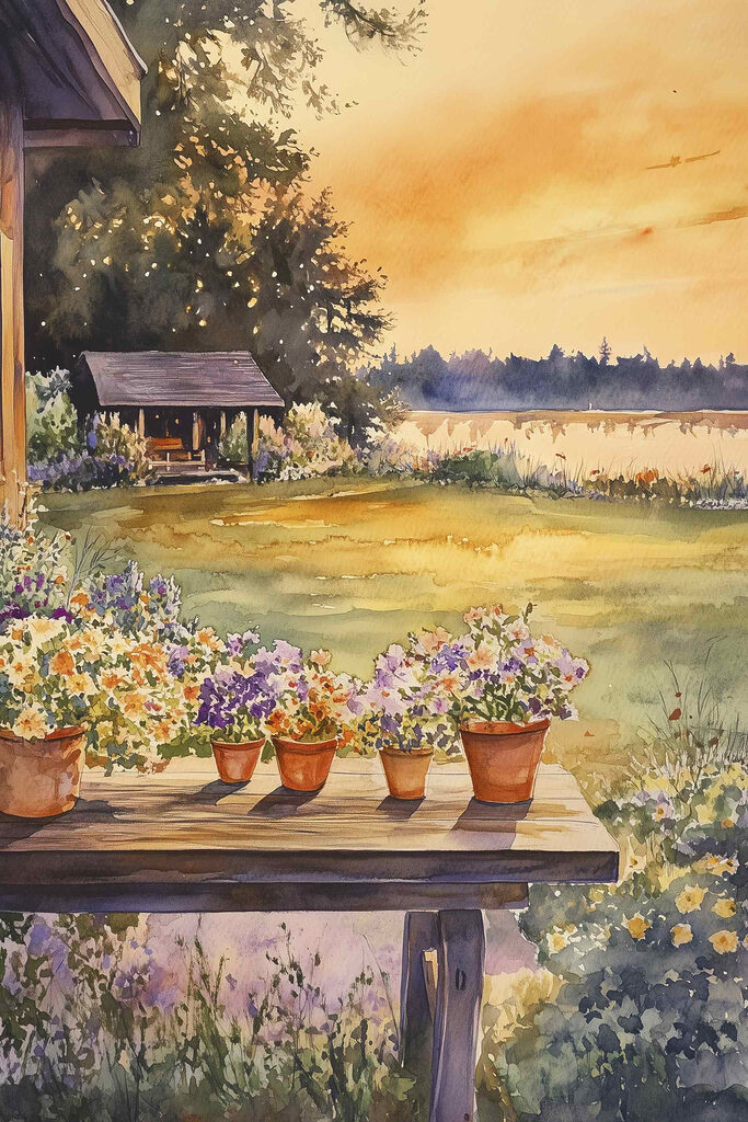 Watercolor painting of a porch with potted flowers on a table