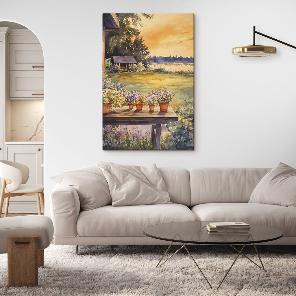Watercolor painting of a porch with potted flowers on a table