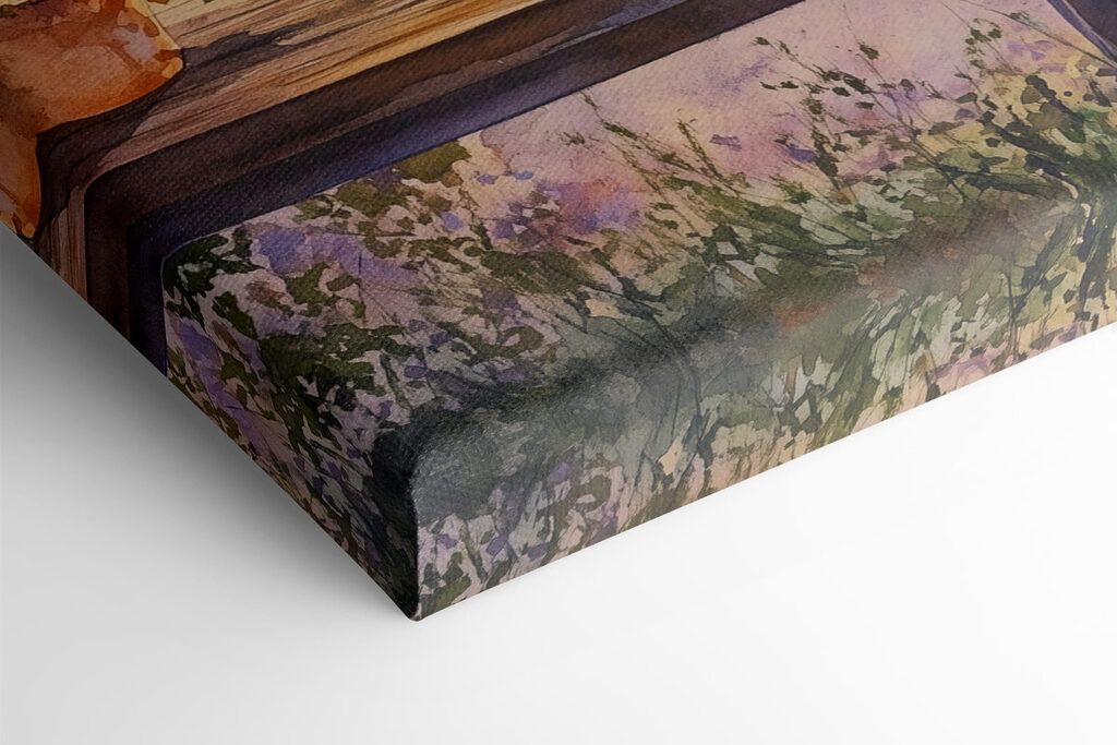 Watercolor painting of a porch with potted flowers on a table