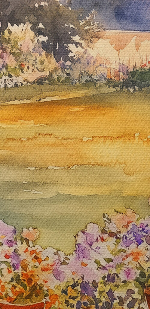 Watercolor painting of a porch with potted flowers on a table