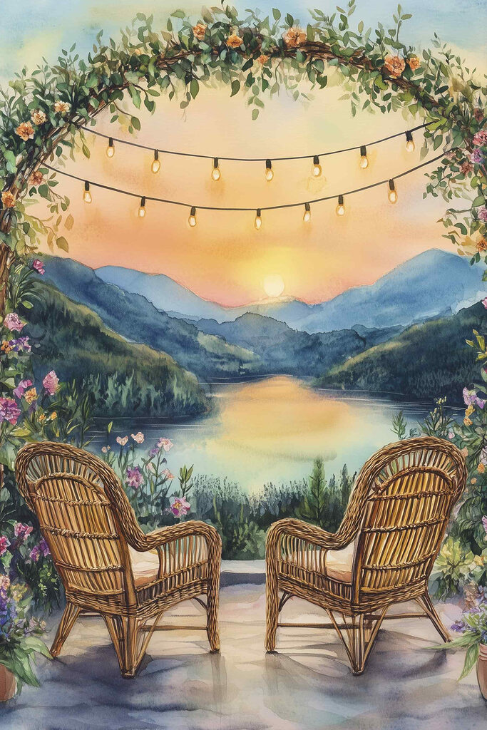 Painting of chairs and a lake