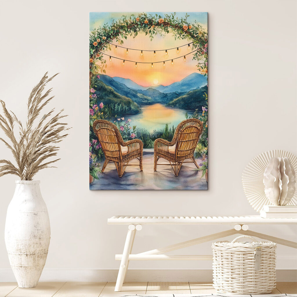 Painting of chairs and a lake