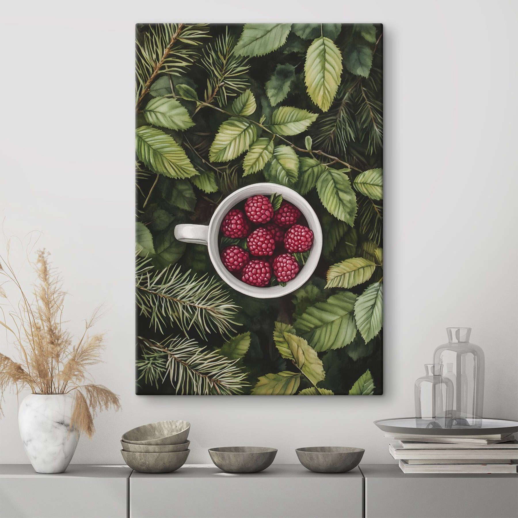 Cup of raspberries in a tree
