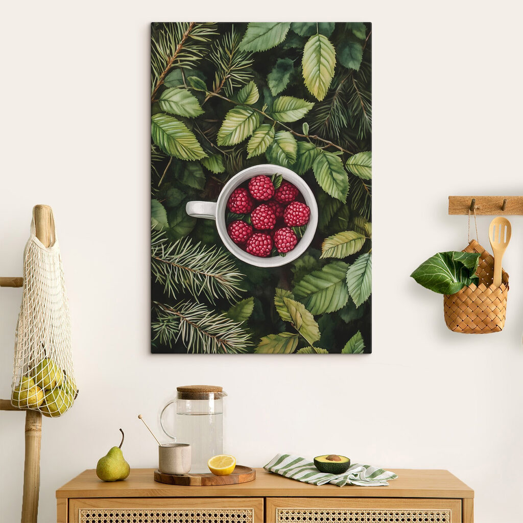 Cup of raspberries in a tree