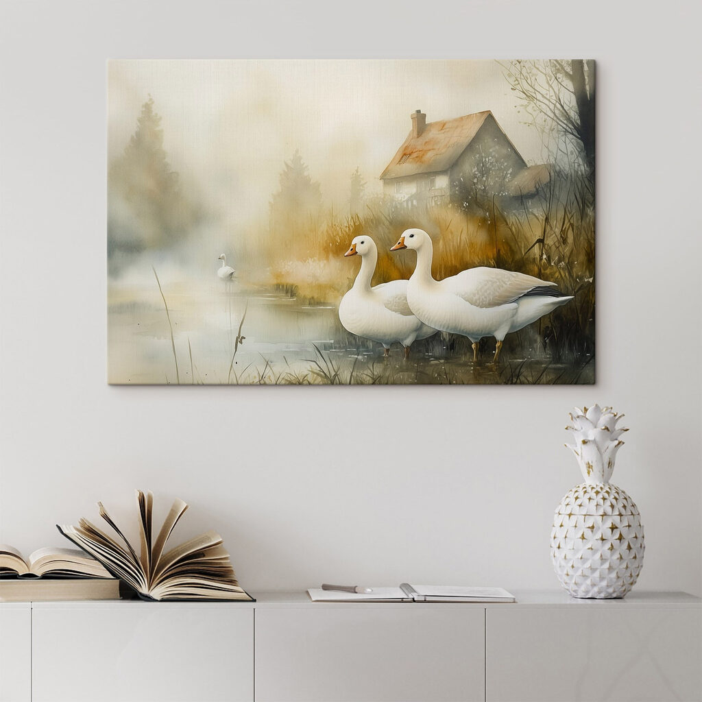 Watercolor painting of geese in a pond