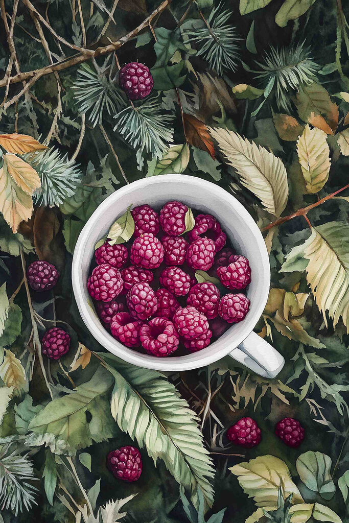Cup of raspberries on leaves Cup of raspberries on leaves