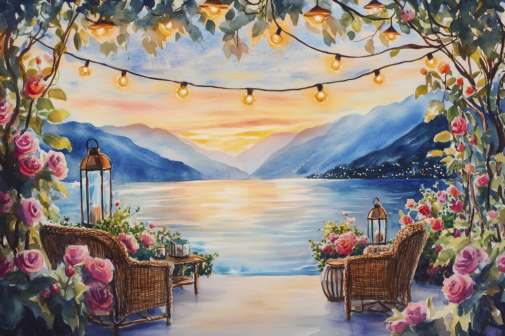 Watercolor painting of a deck with chairs and flowers and lights from a string