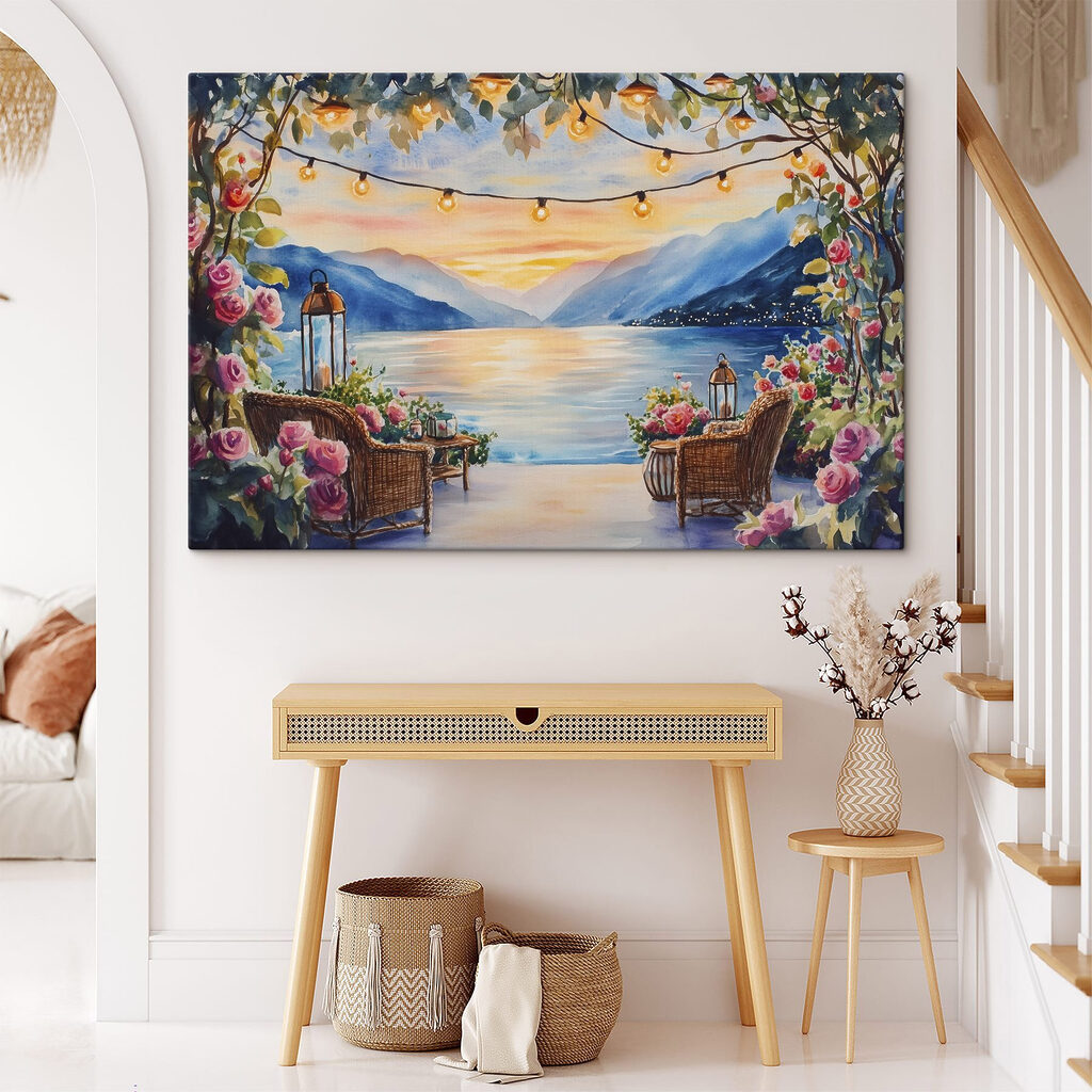 Watercolor painting of a deck with chairs and flowers and lights from a string