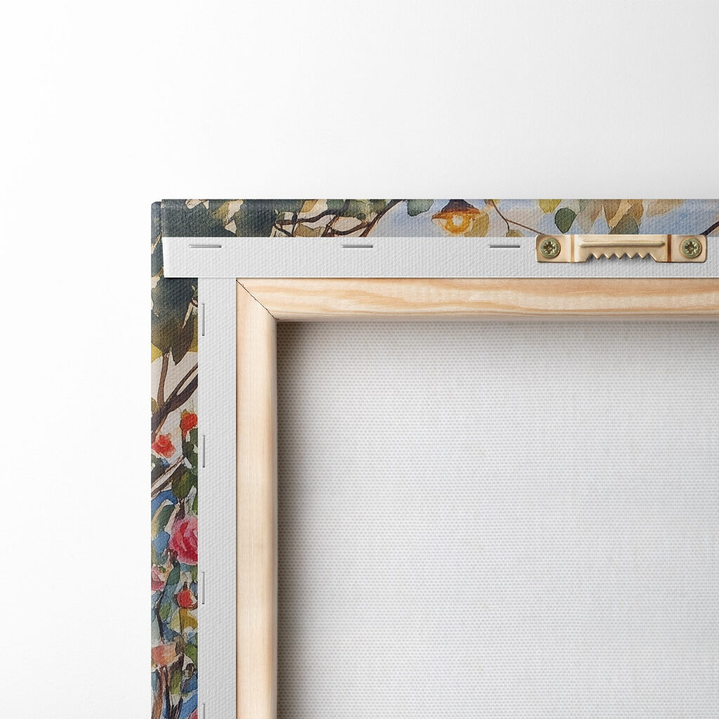 Watercolor painting of a deck with chairs and flowers and lights from a string