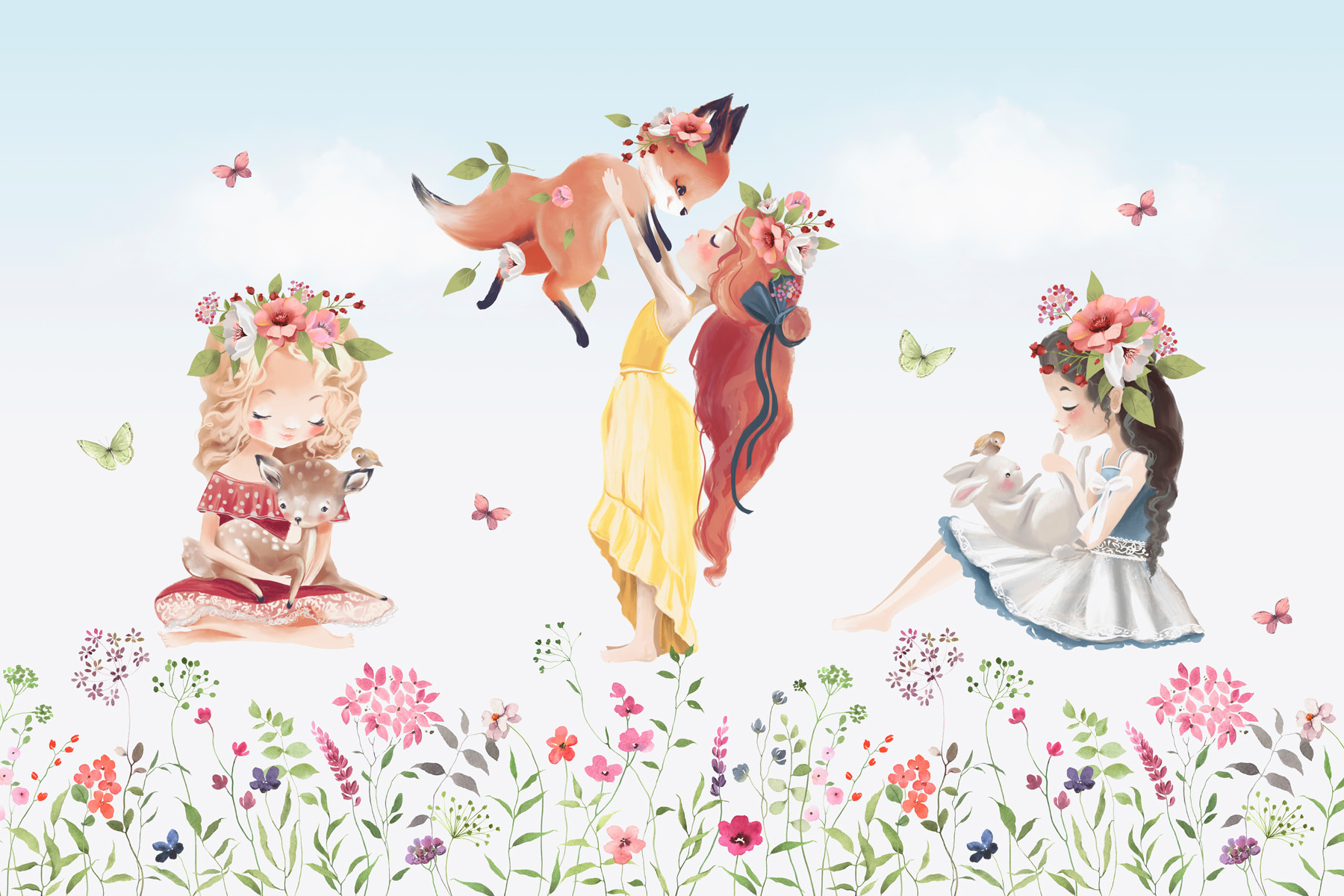 Group of girls holding animals in a field of flowers Group of girls holding animals in a field of flowers