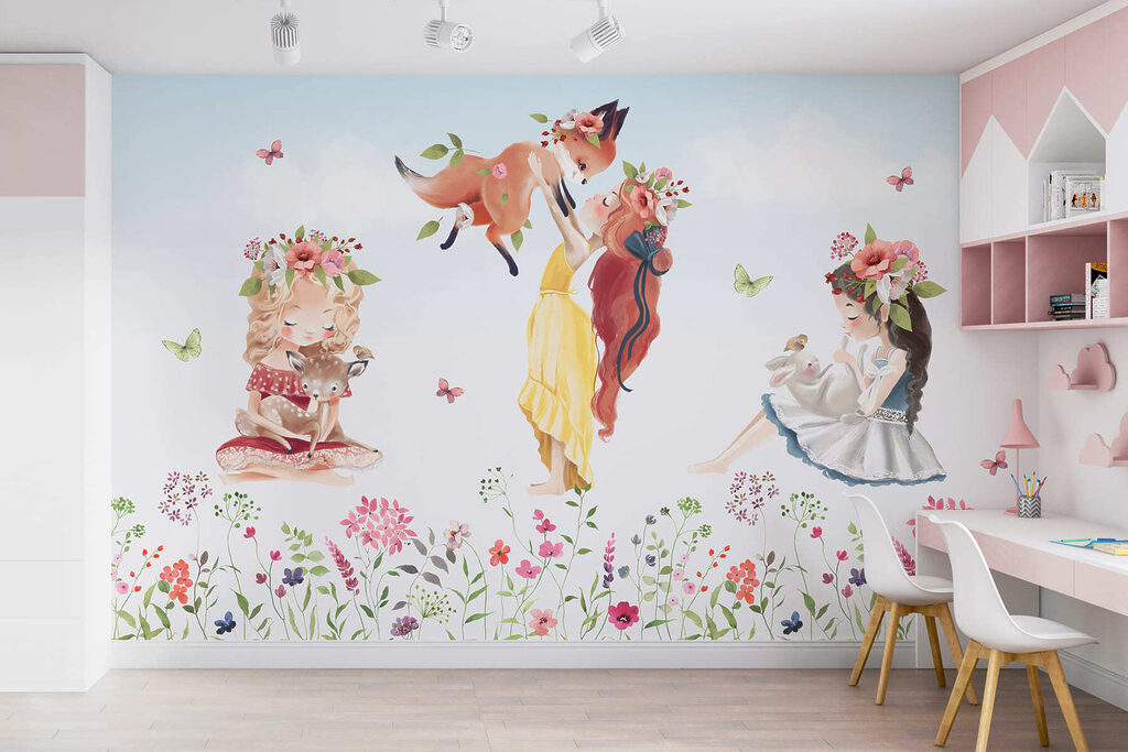 Group of girls holding animals in a field of flowers Group of girls holding animals in a field of flowers