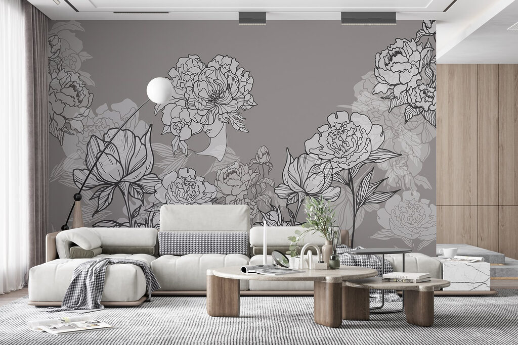 Line of flowers on a gray background