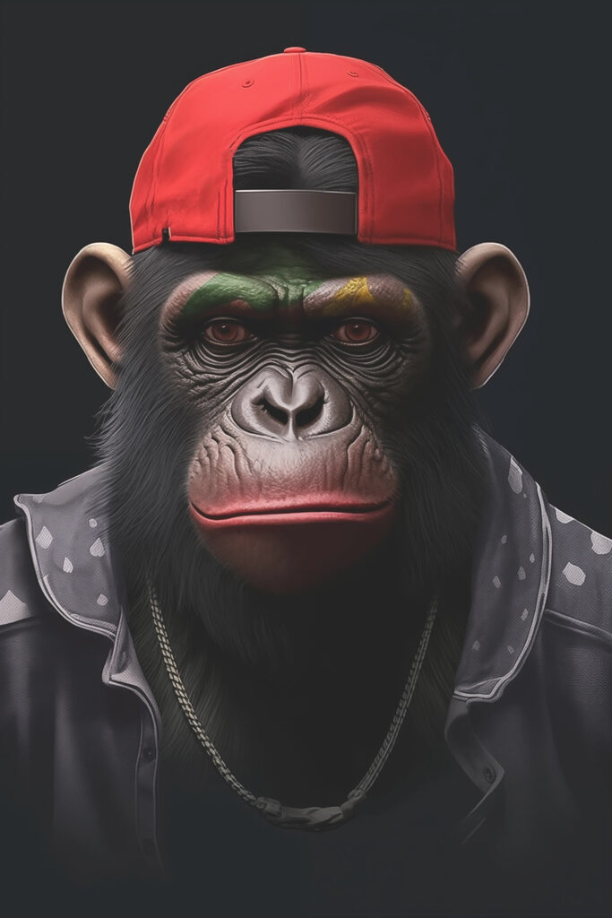 Chimpanzee wearing a red hat and jacket
