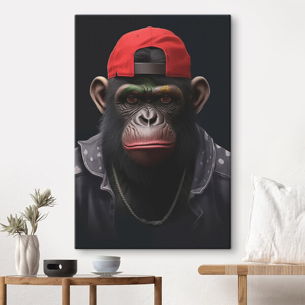 Chimpanzee wearing a red hat and jacket