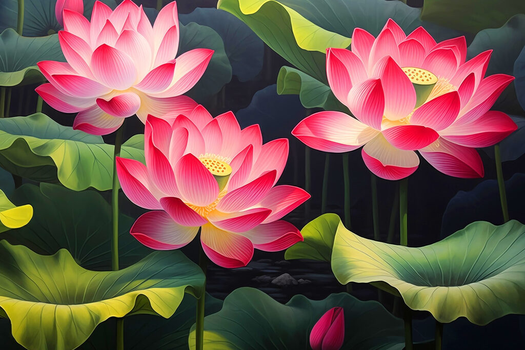 Group of pink flowers with green leaves