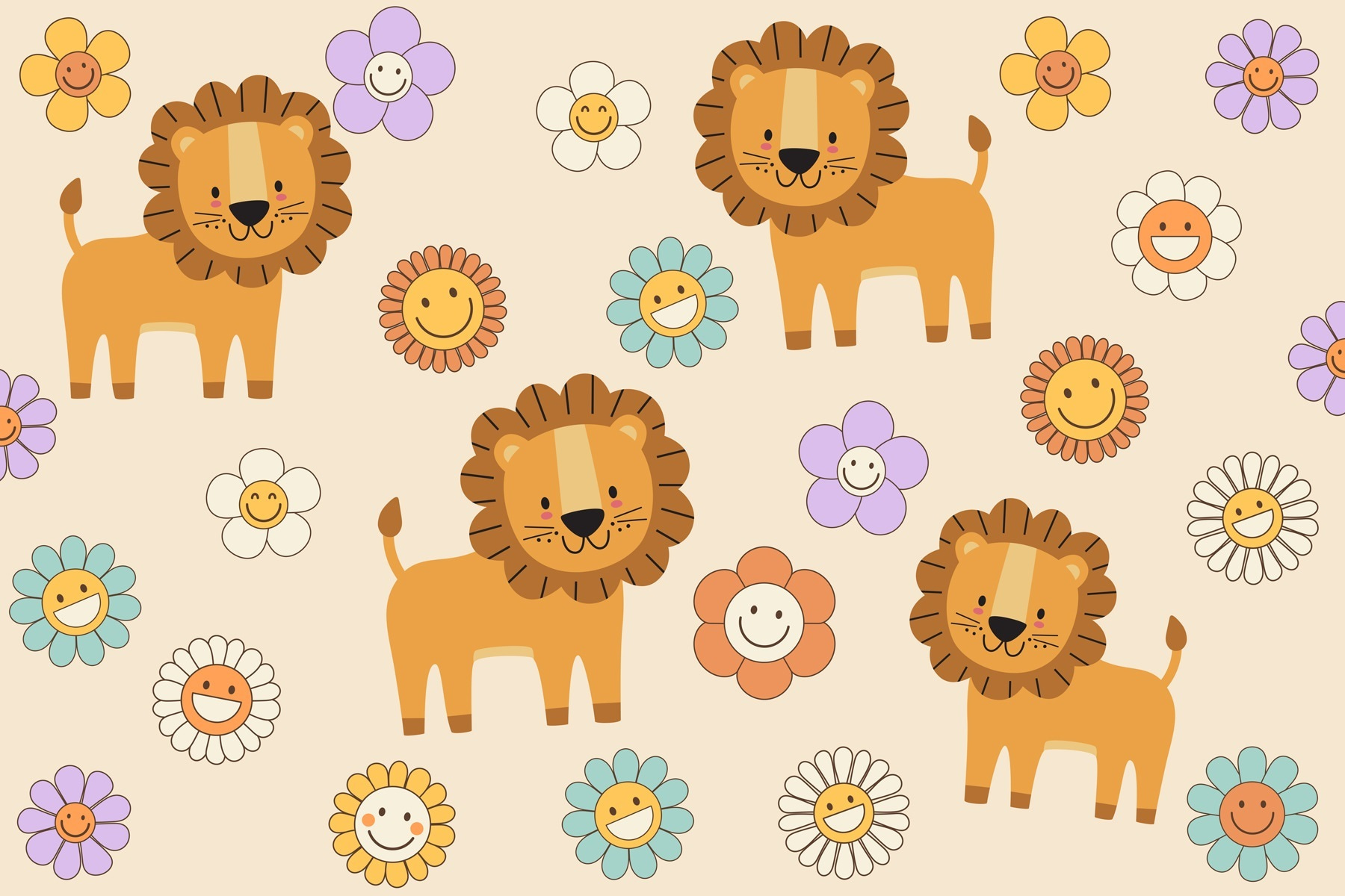 Group of cartoon lions and flowers
